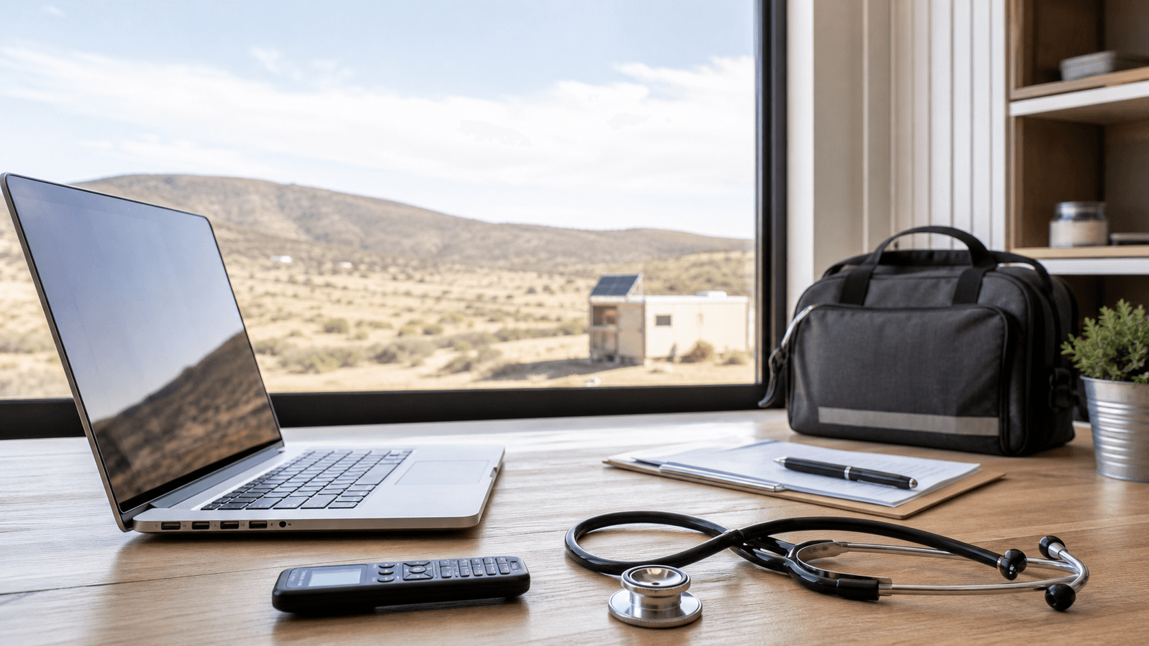 Doctor at a laptop in a bright clinic, blue cloud icons above the screen and a stethoscope on the desk.