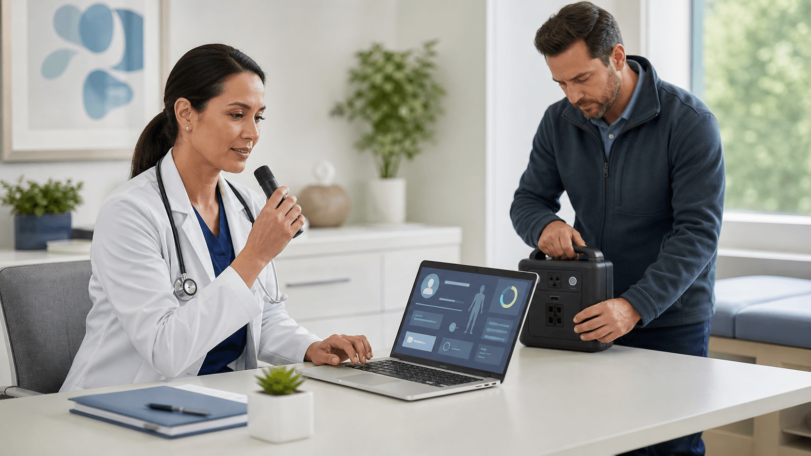 Clinician in a white coat speaks into a microphone beside a laptop displaying a medical records interface.