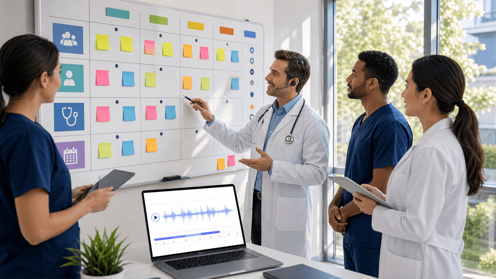 Doctor at a desk reviewing charts beside a laptop with cloud icons, in bright summer light and blue accents