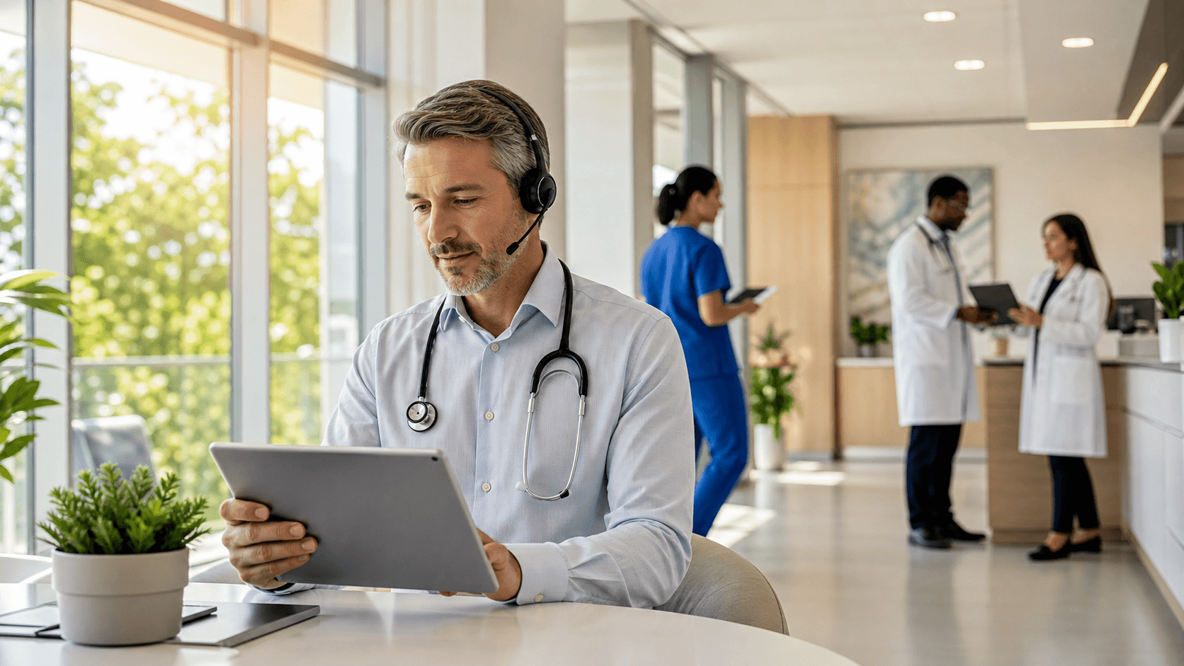 Doctor uses speech recognition on a tablet beside sunlit summer paperwork and a rising chart.