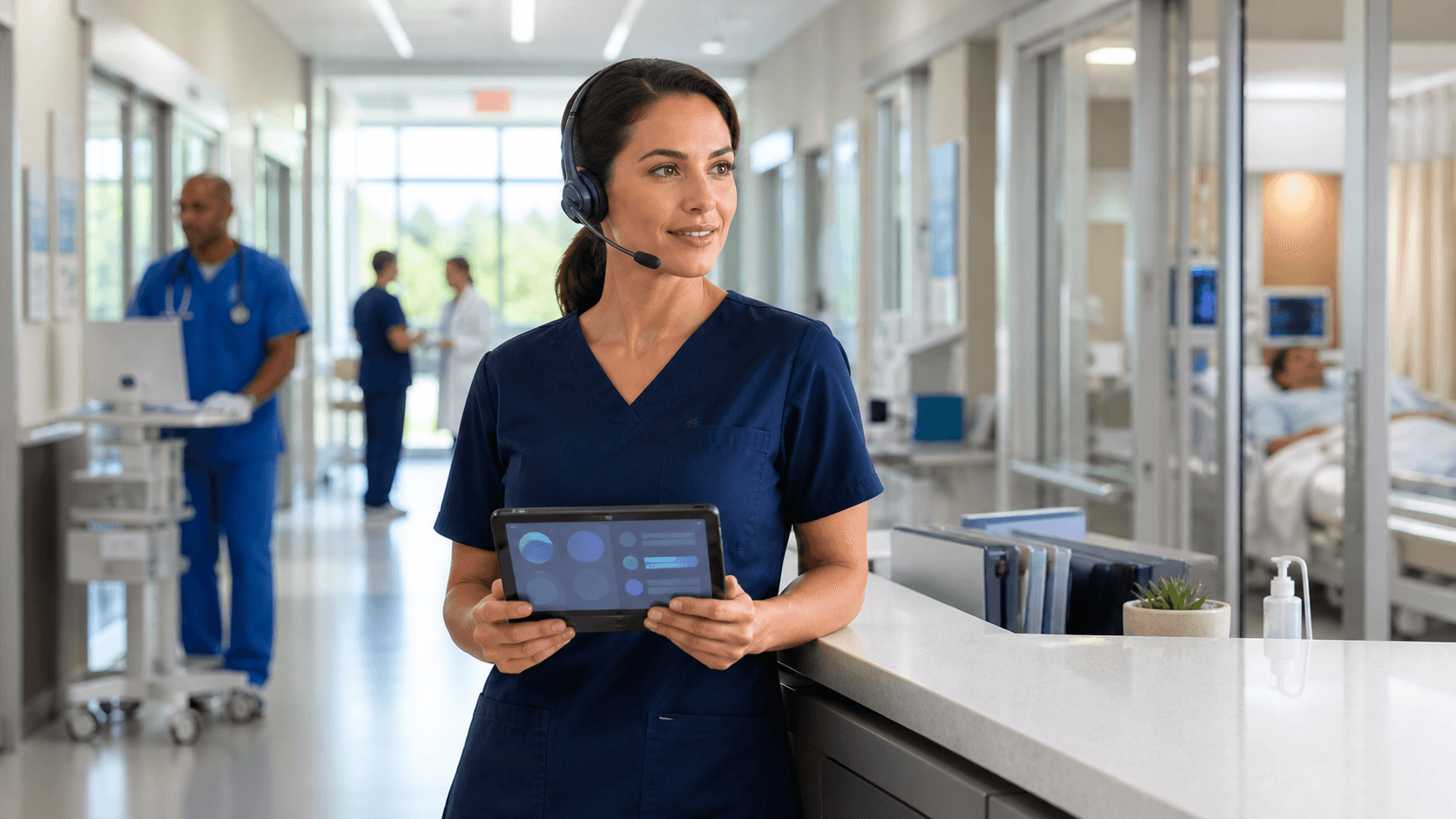 Clinician in blue scrubs uses a tablet beside a glowing digital padlock icon on a dark blue background.