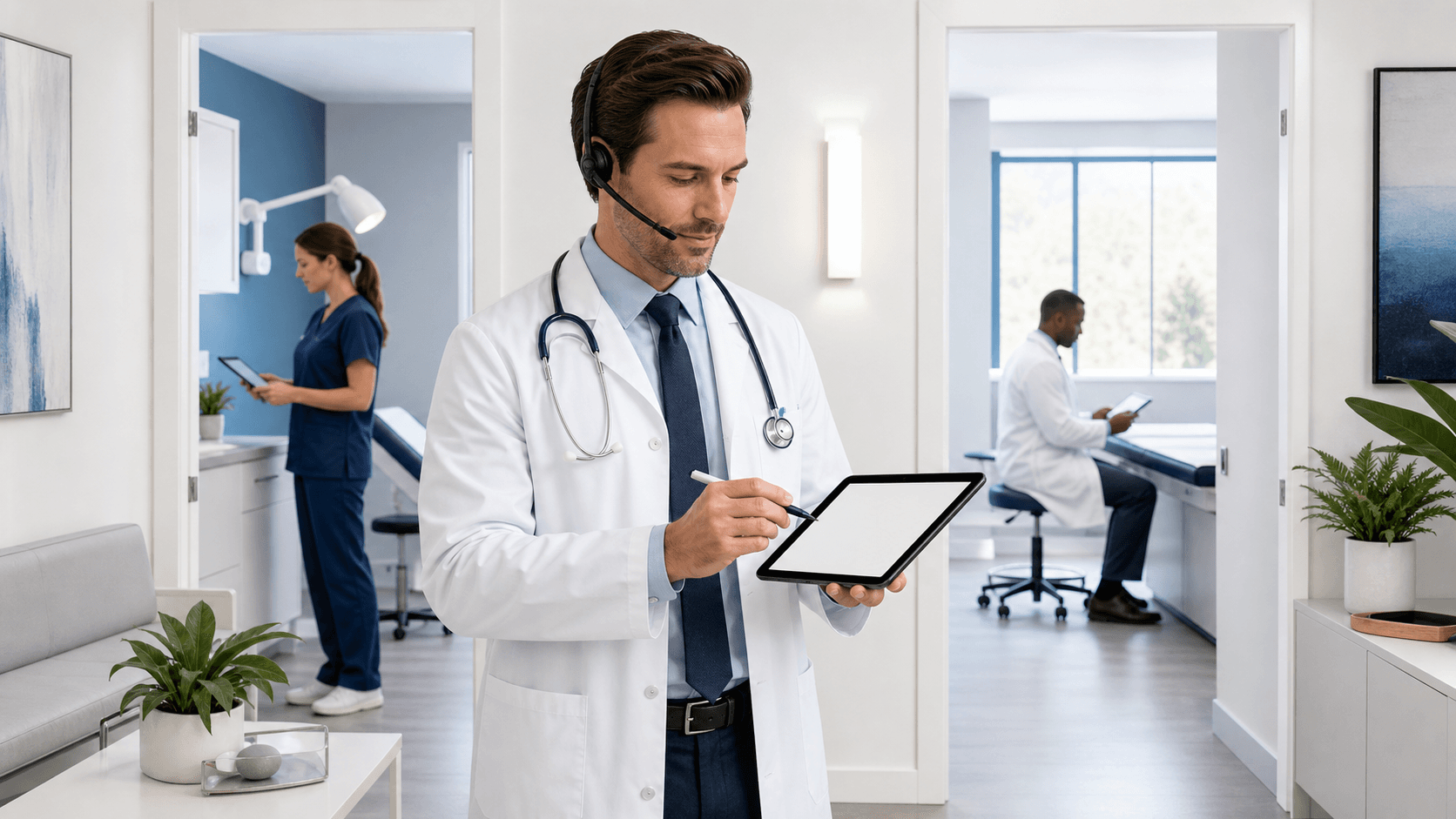 Doctor using a handheld microphone beside multiple computer monitors in a bright modern clinic.