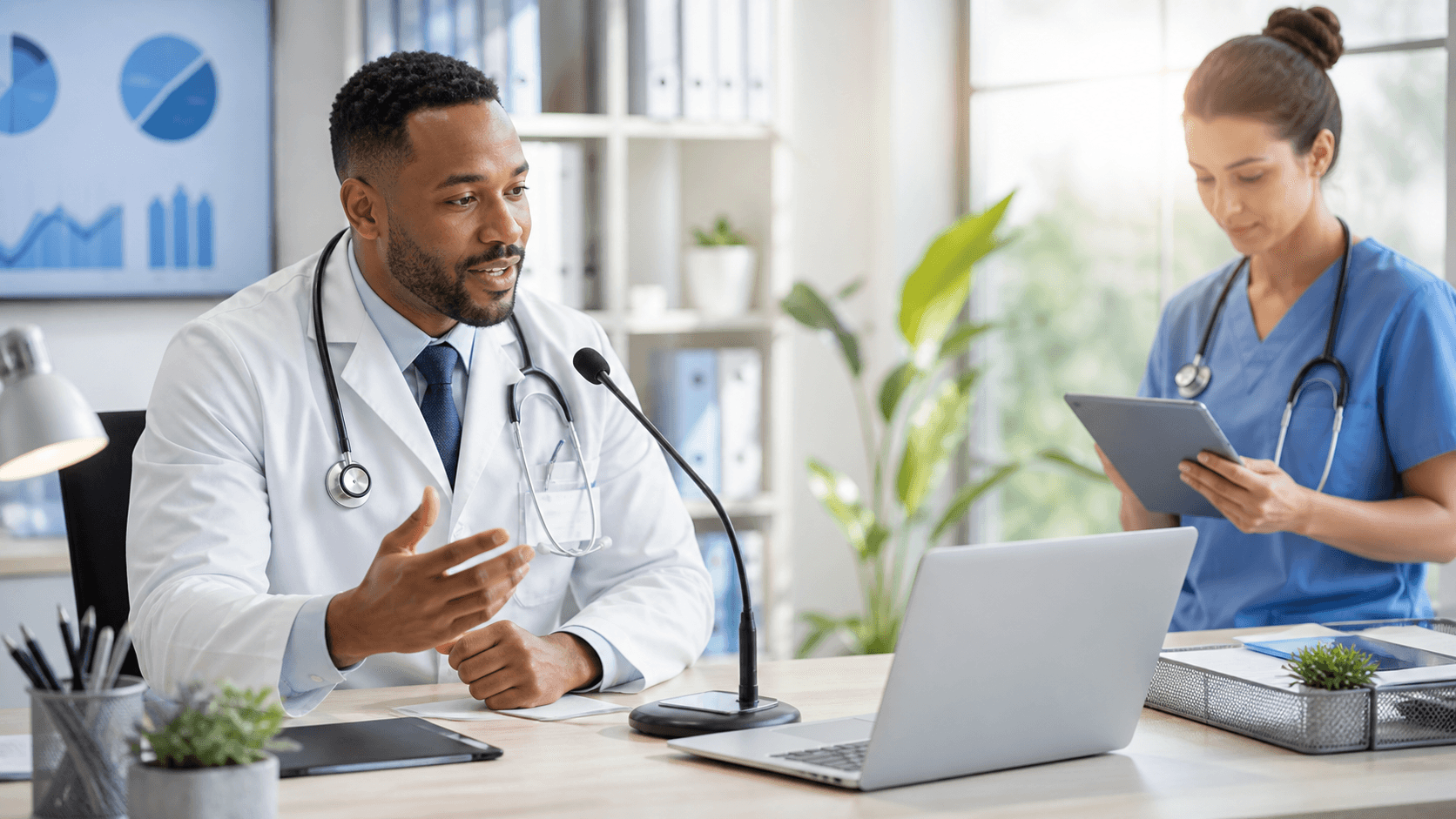 Doctor using voice dictation software on a laptop beside glowing medical charts and a microphone.