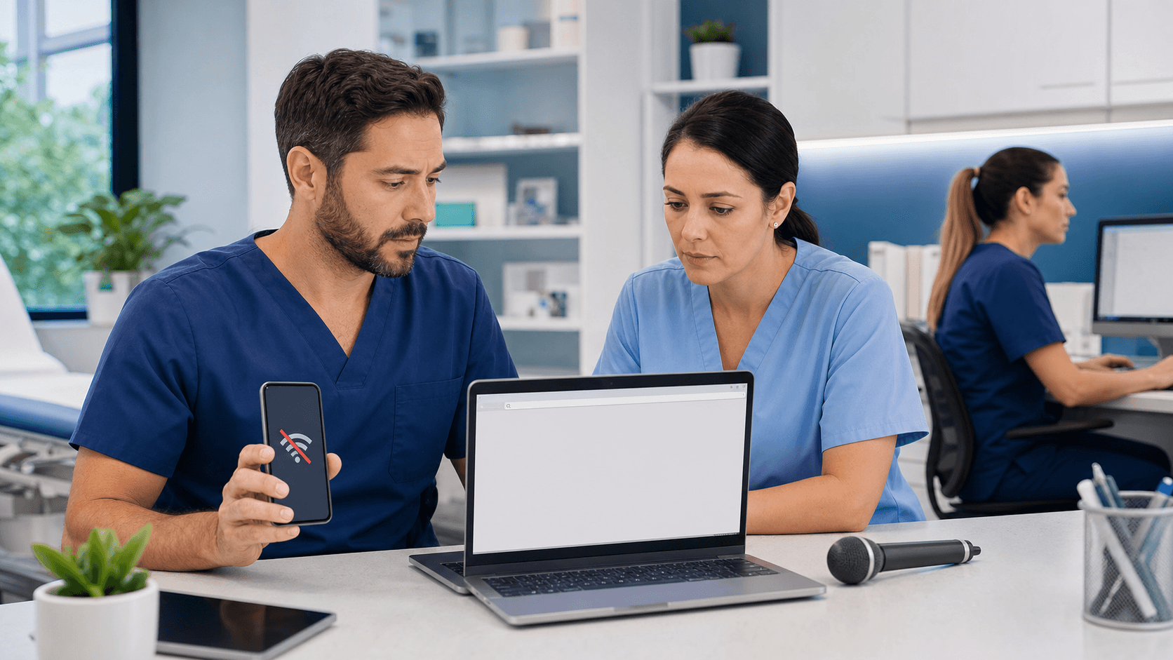 Doctor at a desk facing a glowing computer with an error screen, dim clinic lighting and blue-gray tones