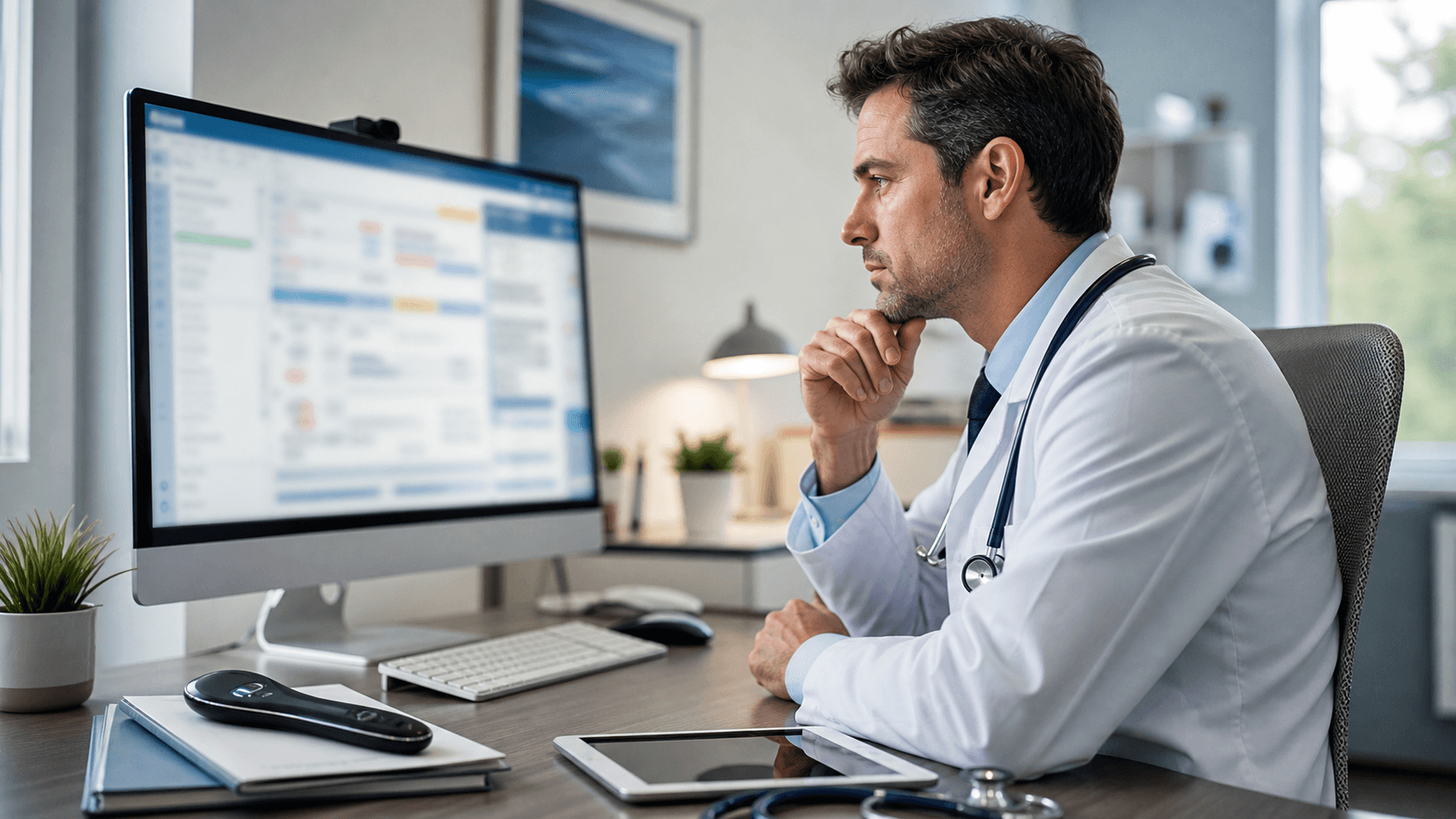 Doctor dictating into a microphone beside a computer displaying a cluttered medical record screen.