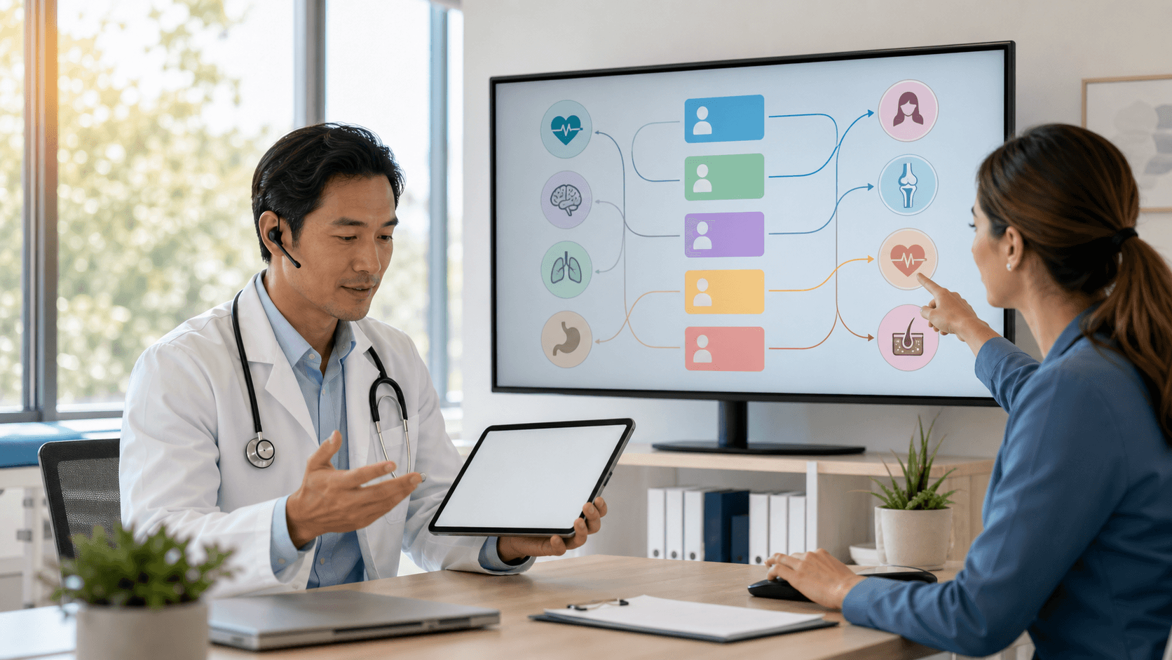 Blue-toned illustration of a clinician using voice dictation beside connected referral workflow icons.