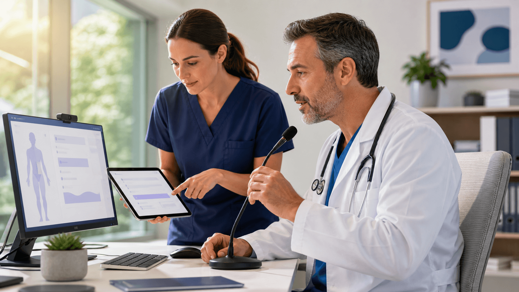 Doctor in blue scrubs reviews speech-to-text corrections on a glowing computer screen.
