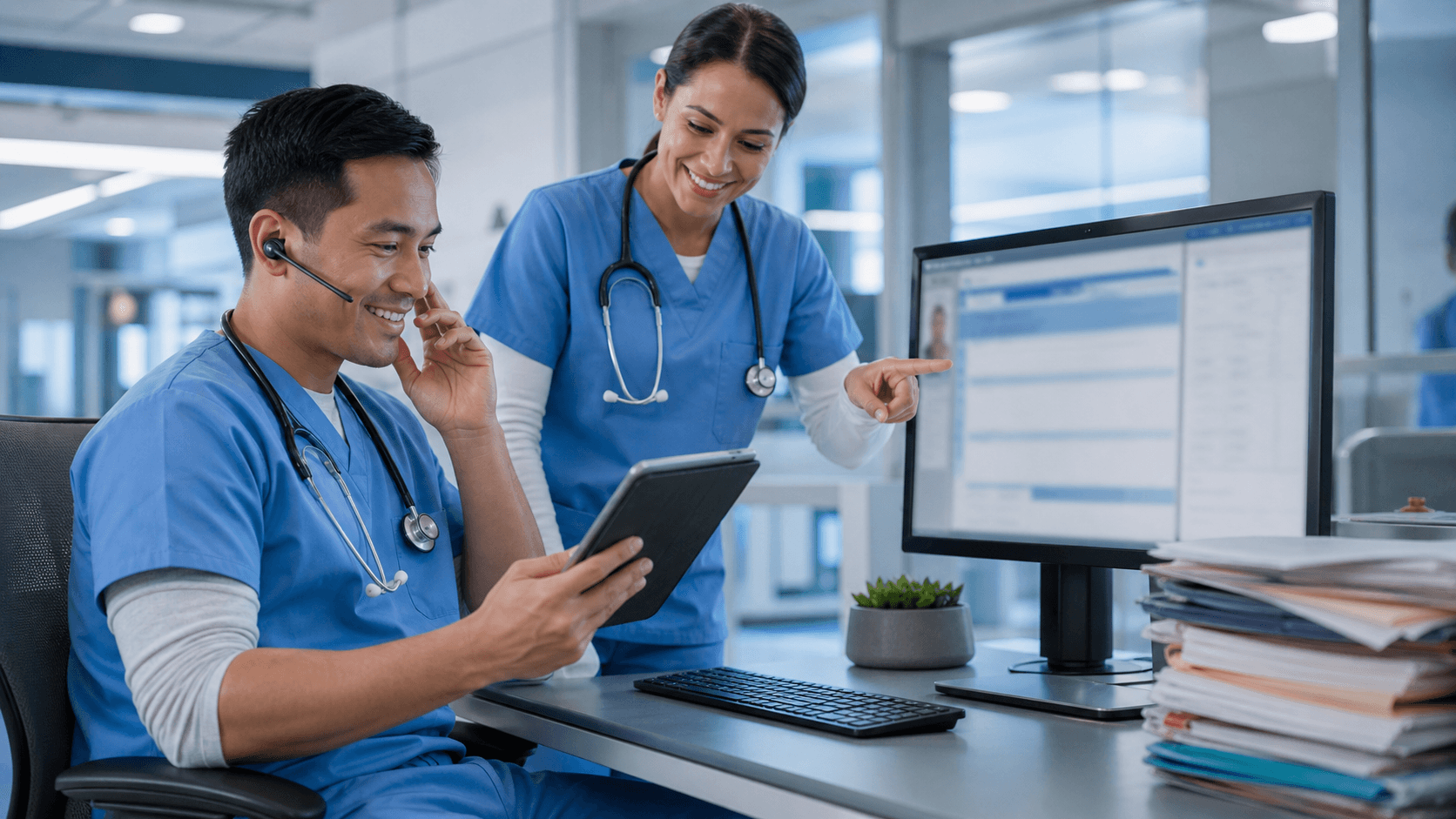Doctor in white coat speaks into headset beside laptop, blue waveform icons floating on a clean white background